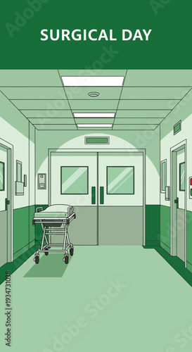 Hospital Corridor Depicting Surgical Procedures and Medical Equipment Environment Illustration