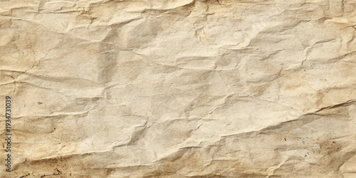 A blank sheet of aged brown parchment featuring a heavily wrinkled and crumpled old paper texture with a rough grunge surface and vintage creased design for an antique backdrop