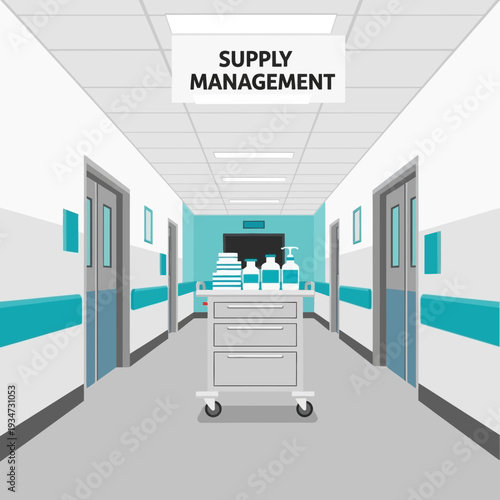 Hospital Corridor Depicting Supply Management with Medical Supplies and Cleanliness Focus