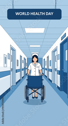 Hospital Corridor Depicting World Health Day Featuring a Nurse and Wheelchair Perspective