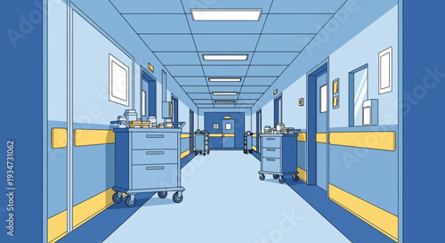 Hospital Corridor Illustration Depicting Modern Medical Environment in a Clear Blue Palette