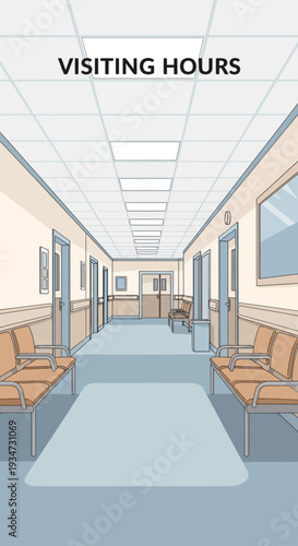 Hospital Corridor Depicting Visiting Hours and Patient Care with Seating Area Illustration