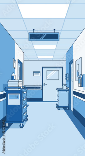 Hospital Corridor Illustration Depicting Modern Medical Environment, Clean Design Aesthetic,