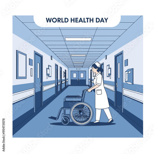 Hospital Corridor Depicting World Health Day Featuring Nurse and Empty Wheelchair Conceptual