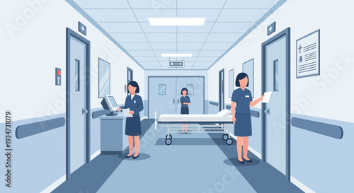 Hospital Corridor Illustration Depicting Nurses and Medical Equipment for Healthcare and Treatment