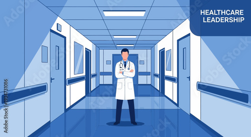 Hospital Corridor Depicts Doctor Ready to Lead in Healthcare Leadership Concept