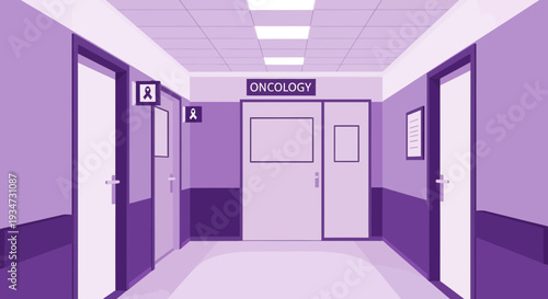 Hospital Corridor Illustration Depicting Oncology Section in Soft Purple Tones No Copyright