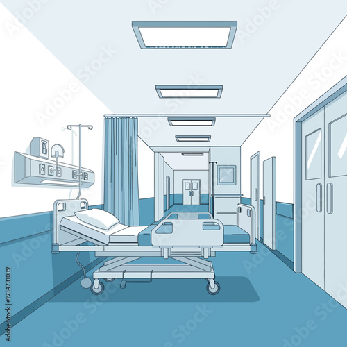 Hospital Corridor Illustration Depicting Patient Care And Modern Medical Infrastructure