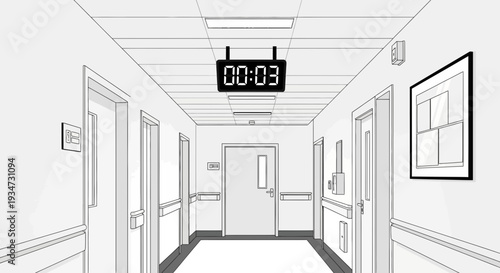 Hospital Corridor Depiction With Hanging Digital Clock Showing Elapsed Time