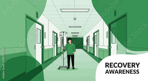 Hospital Corridor Illustration Depicting Recovery and Awareness with a Patient