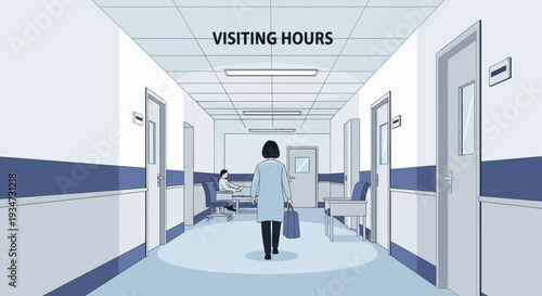 Hospital Corridor Illustration Depicting Visiting Hours Sign and Healthcare Professionals