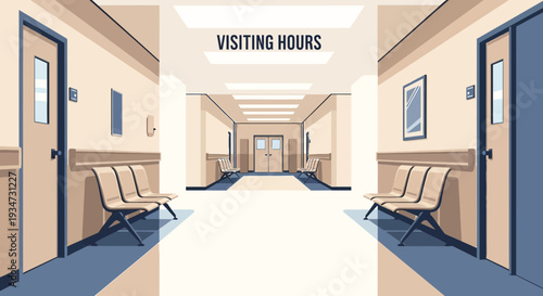 Hospital Corridor Illustration Depicting Visiting Hours, Doors, And Seating Spaces