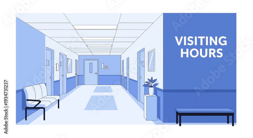 Hospital Corridor Illustration Depicting Visiting Hours, Design Aesthetic and Minimalist Interior