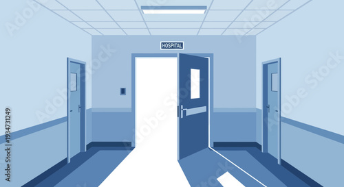 Hospital Corridor Entrance Illustration Showing an Open Door And Interior Perspectives