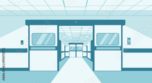 Hospital Corridor Entrance Illustration Showing a Sterile Environment in Flat Minimalist Style
