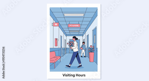 Hospital Corridor Illustration Depicting Visiting Hours, Flowers, and Patient Interaction