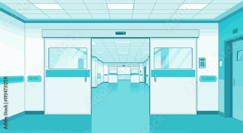 Hospital Corridor Entrance Illustration with Modern Architecture and Medical Theme