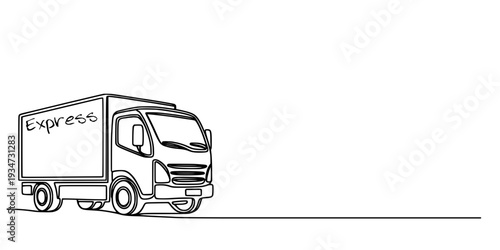 Delivery Truck Line Drawing, Duplicate or similar black-and-white line drawing of a delivery truck., 