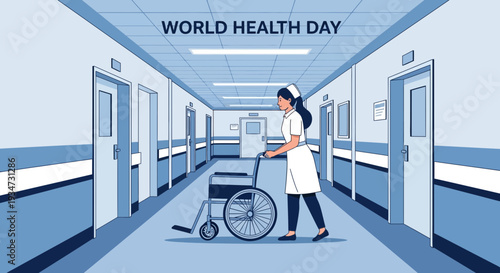 Hospital Corridor Illustration Depicting World Health Day, Healthcare Professional Assisting Patient