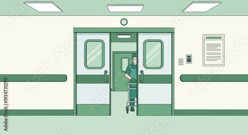 Hospital Corridor Entrance With Medical Personnel Preparing For A Procedure