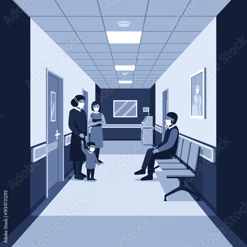 Hospital Corridor Illustration: Family And Patient Wear Masks Amidst Medical Environment