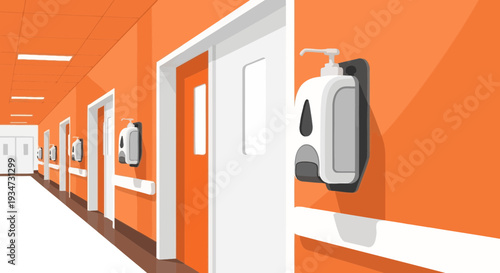 Hospital Corridor Featuring Dispenser: Illustration Of Hygiene And Protection