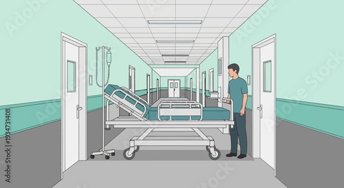 Hospital Corridor Illustration Depicting a Patient Bed and Attendant with Architectural Symmetry