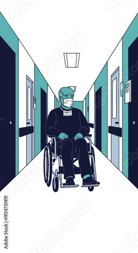 Hospital Corridor Illustration Depicting A Patient In Wheelchair, Healthcare, and Medical Setting