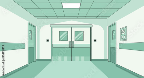Hospital Corridor Illustration with Closed Doors and Interior Perspective Background