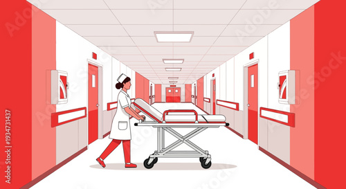 Hospital Corridor Illustration Depicting A Nurse With A Stretcher Moving Through The Building