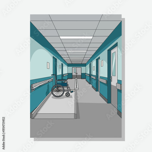 Hospital Corridor Illustration Depicting Accessibility and Architectural Perspective, Medical
