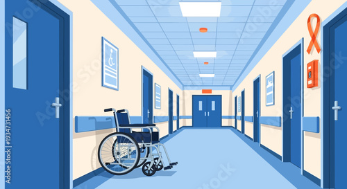 Hospital Corridor Illustration Depicting Accessibility and Symbolism in Modern Healthcare Setting