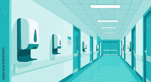 Hospital Corridor Illustration with Dispensers: A Sterile And Minimalist Perspective