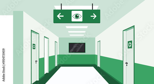 Hospital Corridor Illustration with Directional Sign Suggesting Healthcare and Medical Services