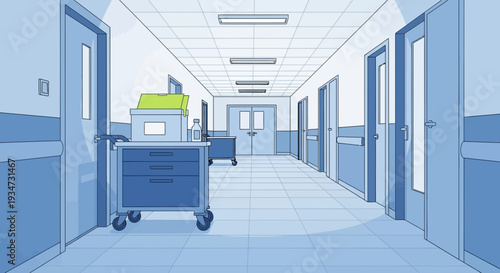 Hospital Corridor Illustration Depicting Clinic Hallway with Medical Equipment and Doors