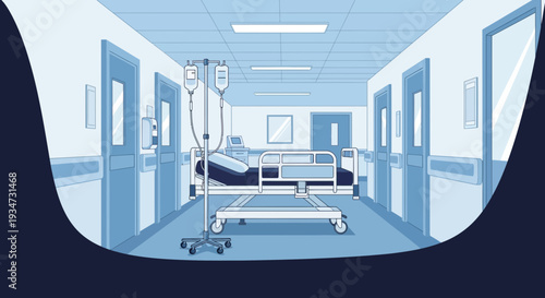 Hospital Corridor Illustration with Medical Bed and Intravenous Drip in Minimalist Style