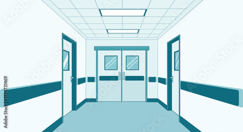 Hospital Corridor Illustration With Doors And Minimalist Architectural Design