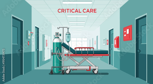 Hospital Corridor Illustration Depicting Critical Care and Medical Equipment