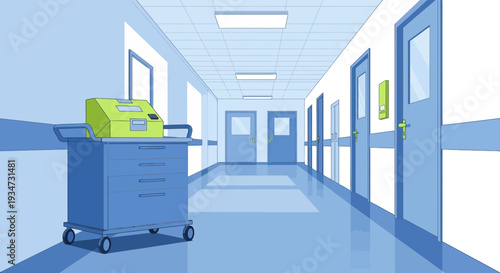 Hospital Corridor Illustration with Medical Cart and Doors in a Sterile Environment