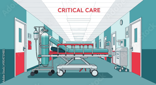 Hospital Corridor Illustration Depicting Critical Care and Medical Equipment Imagery