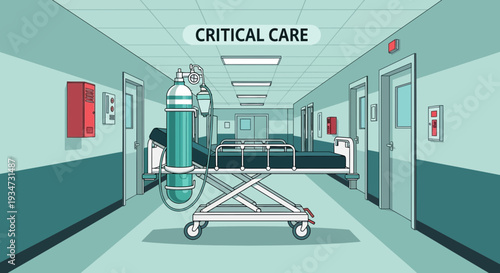 Hospital Corridor Illustration Depicting Critical Care and Medical Equipment