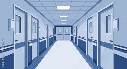Hospital Corridor Illustration Depicting Doors and Architectural Design Perspective