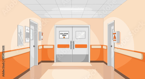 Hospital Corridor Illustration Depicting Isolation Room And Safety Measures
