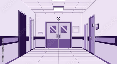 Hospital Corridor Perspective: Architectural Design with Doors, Light, and Shadows