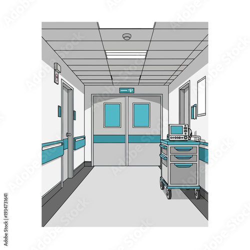 Hospital Corridor Illustration Depicting Medical Equipment and Emergency Room Entrance Design