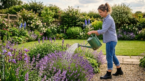 Wallpaper Mural Woman watering flowering garden beds with watering can in sunny backyard Torontodigital.ca