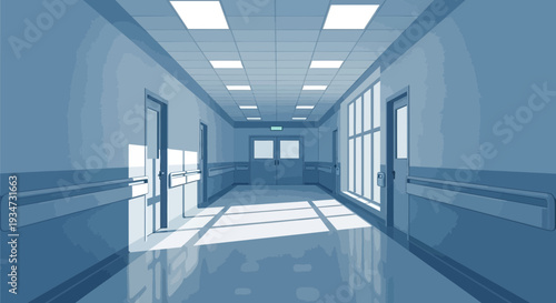 Hospital Corridor Perspective: Architectural Symmetry with Subtle Lighting and Strategic Design
