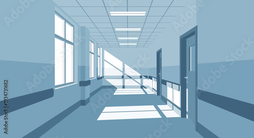 Hospital Corridor Perspective: Architectural Vista, Minimalist Design, Light and Shadows