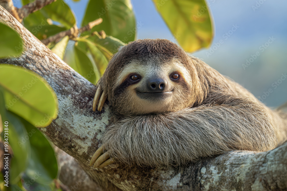 Obraz premium A serene and relaxed three-toed sloth resting on a tree branch surrounded by lush green leaves in a tranquil natural environment on a clear day