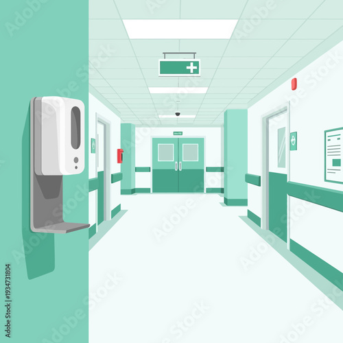 Hospital Corridor Perspective Depicting Cleanliness and Safety with Sanitizer Dispenser and Doors